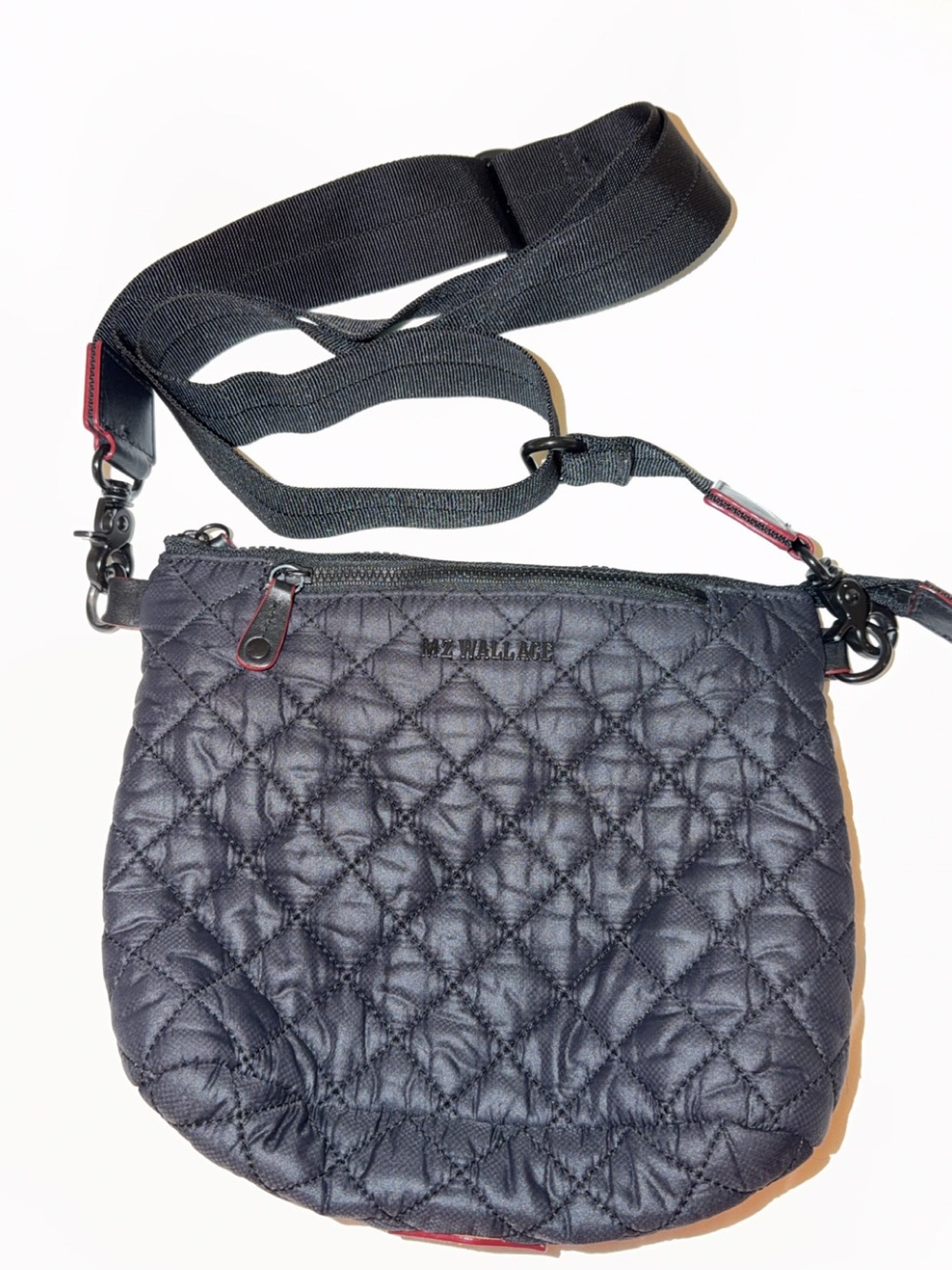 MZ Wallace Metro scout Quilted Crossbody Bag in Black with Red Trim